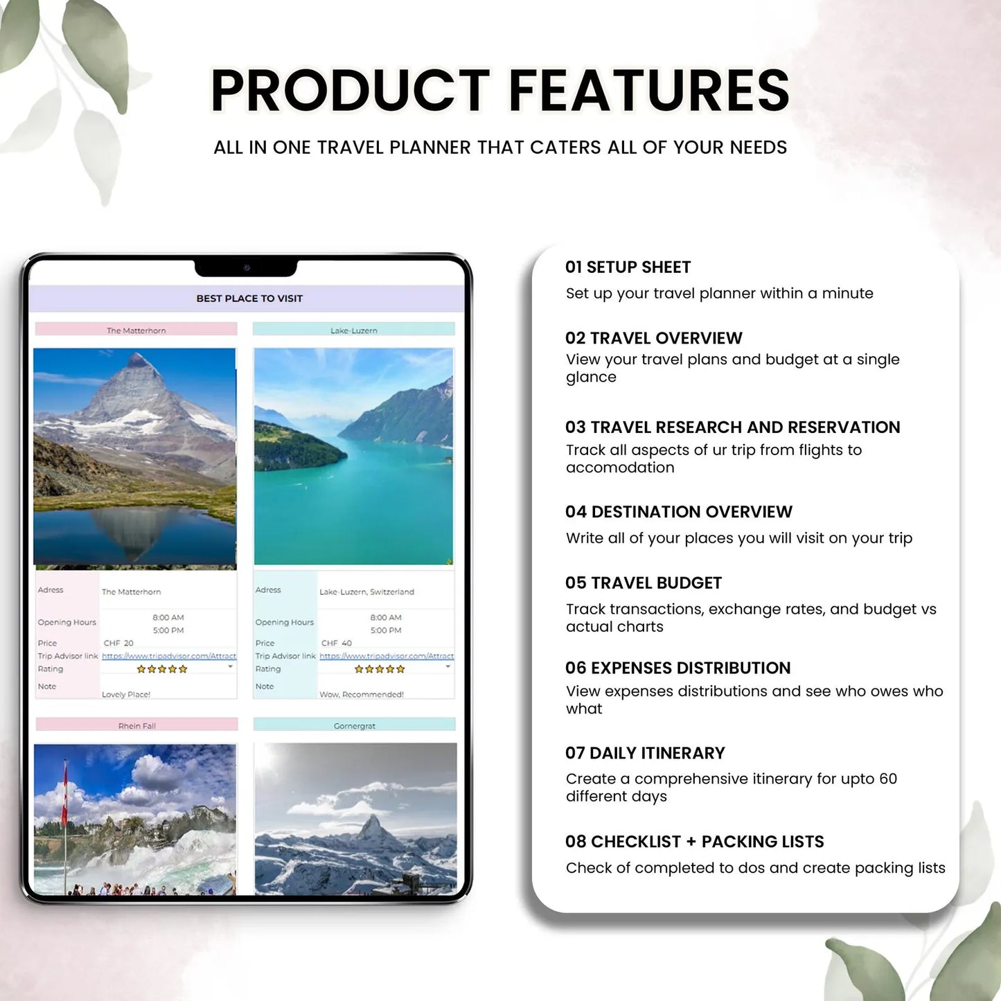 Travel Planner Google Sheets - Travel Itinerary budget Spreadsheets